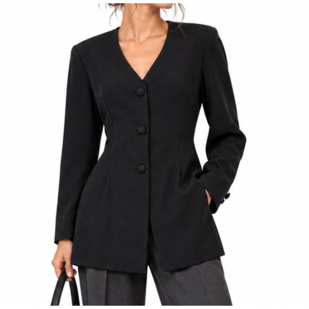 Vintage Lida Baday Womens Longline Silk Blazer Jacket Size 12 Tailored Black